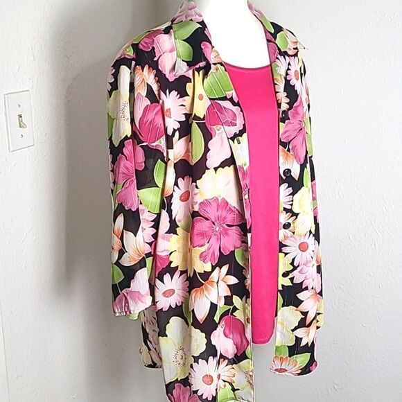 Gloria Lance Coordinated Blouse & Cami, Pink, Yellow, Green Flowers, Size 2X - Picture 3 of 8